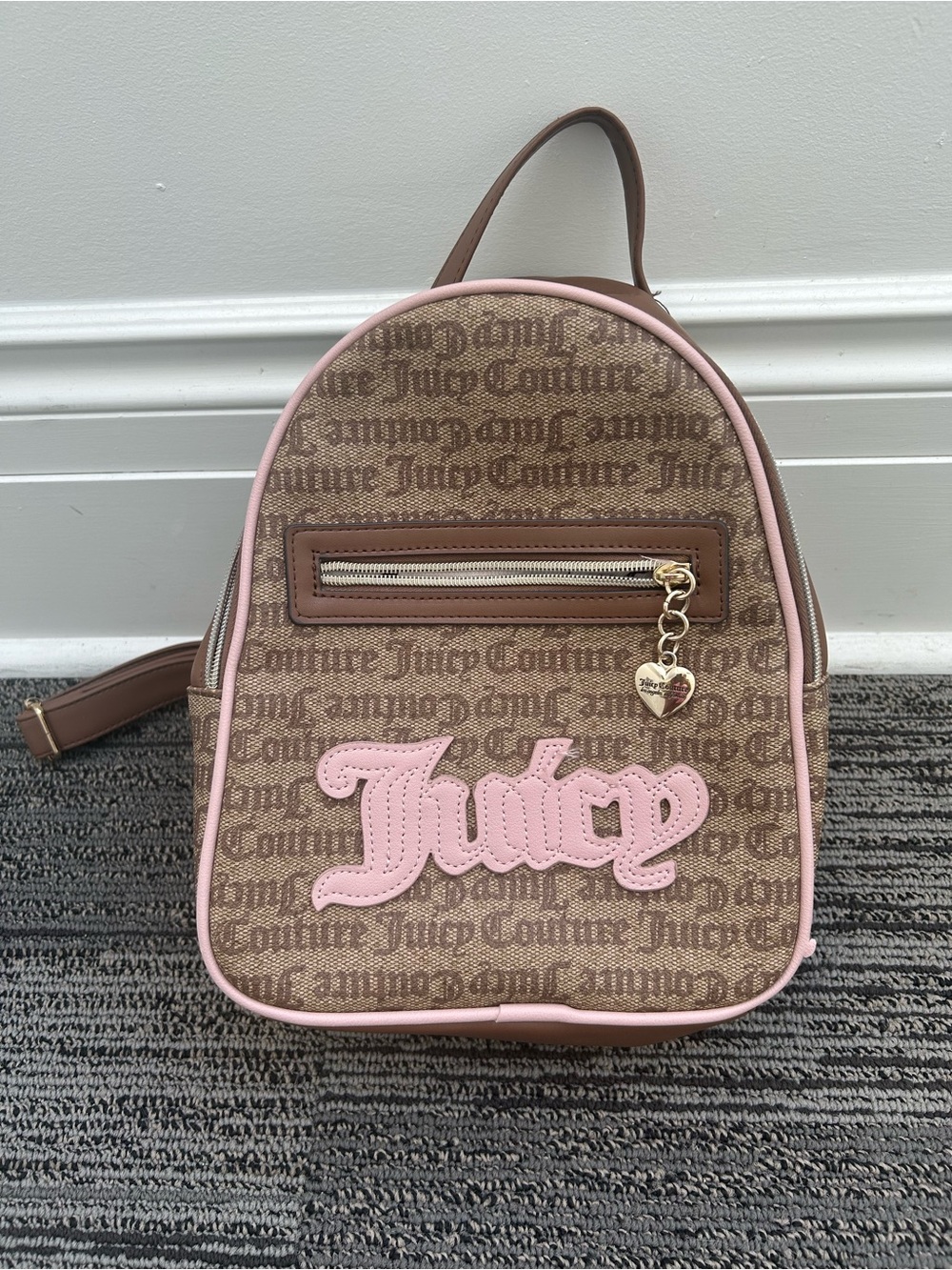 Juicy Couture Brown Monogram Mini Backpack with Pink Trim
